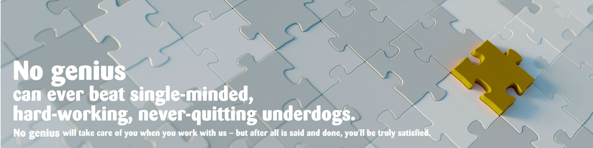 天才不在：No genius can ever beat single-minded, hard-working, never-quitting underdogs. No genius will take care of you when you work with us – but after all is said and done, you'll be truly satisfied.